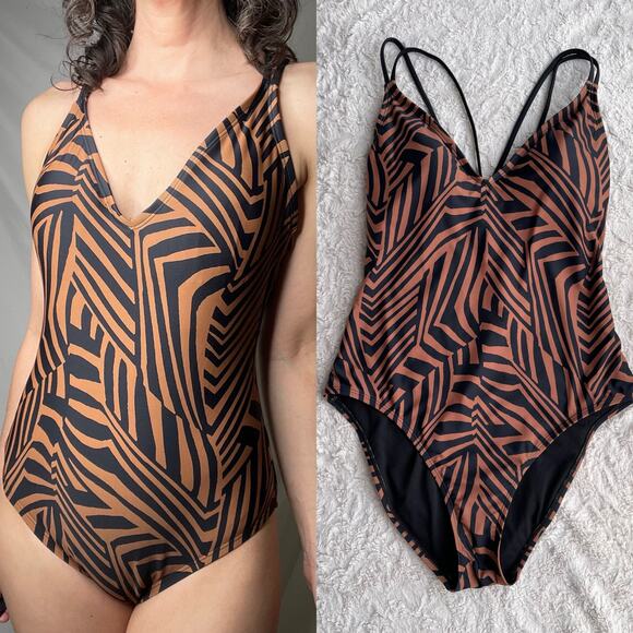 Hurley geometric print bathing suit one-piece strappy black brown animal XL - Picture 1 of 17